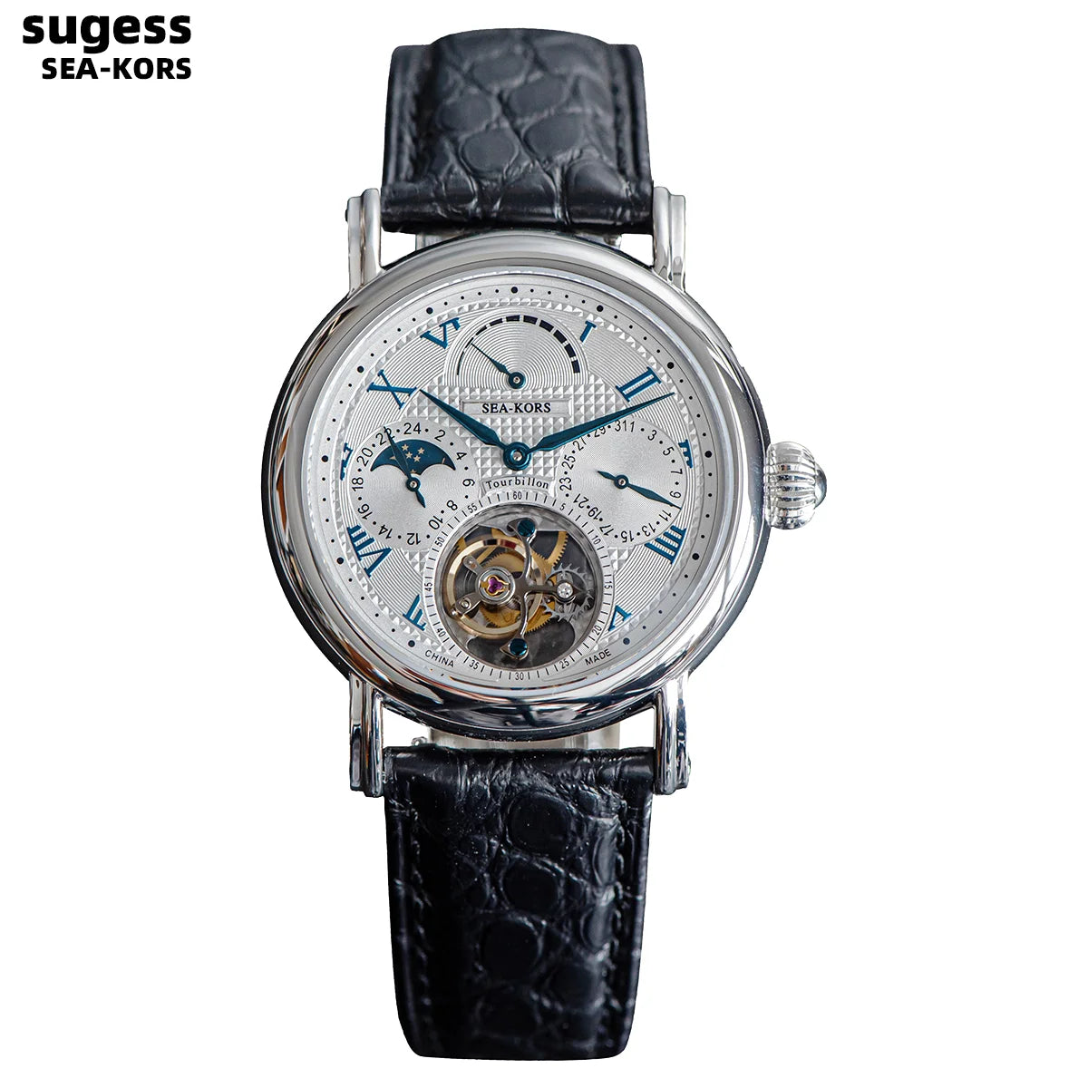 Sugess Seakors Men’s Tourbillon Watch – ST8007 Movement, Skeleton Dial, Moonphase, Sapphire Crystal, 316L Steel