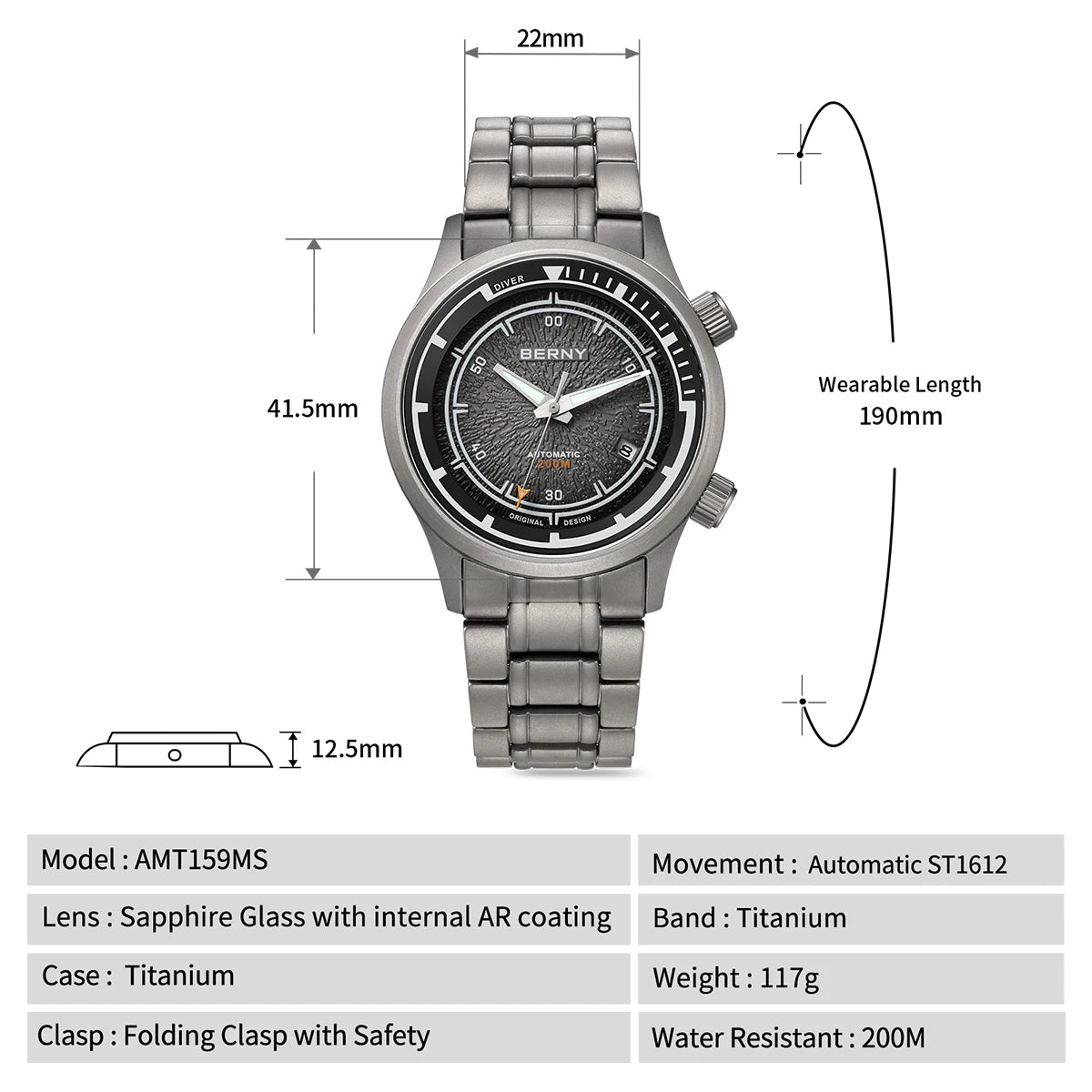 BERNY Men's Automatic Titanium Diver Watch – 20ATM Waterproof Sapphire Luminous