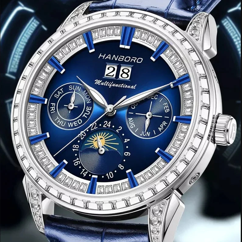 Hanboro 41.5mm Mechanical Watch: Automatic Multi-Dial with Day, Month, Date & Crystal Bezel