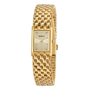 BERNY Women’s Gold Rectangular Watch – Luxury Quartz, Stainless Steel