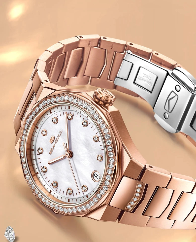 Seagull 1140L Ladies Mechanical Watch: Elegant Stainless Steel Design with Luminous Date