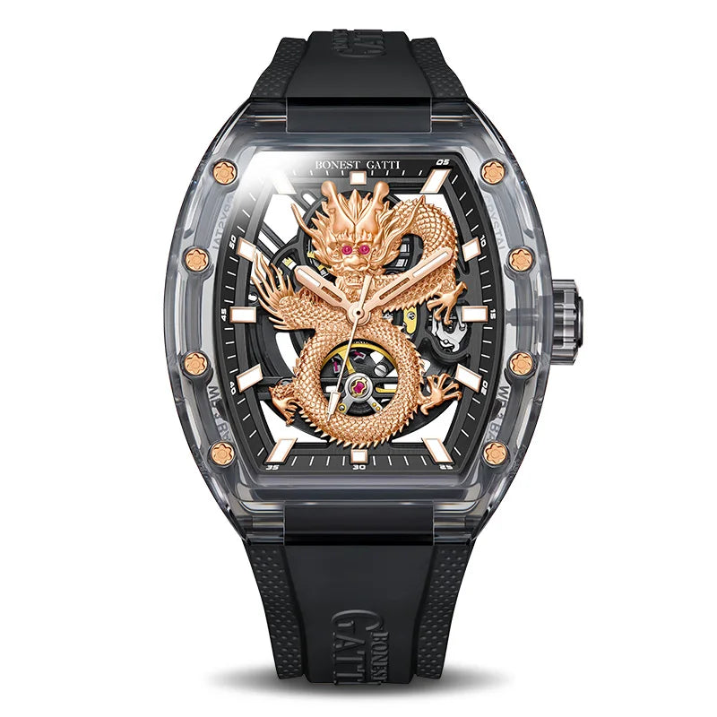 BONEST GATTI Men’s Automatic Skeleton Watch – Dragon Pattern, Crystal Case, Luxury Mechanical