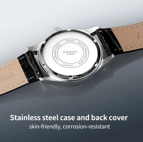 BERNY Men's Moon Phase Quartz Watch – Stainless Steel & Leather Dress Watch with Date & Week Display