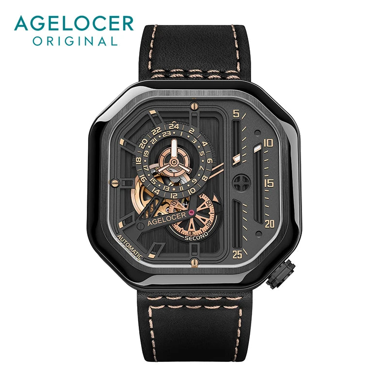 AGELOCER Men’s Automatic Skeleton Watch – Luxury Square Stainless Steel