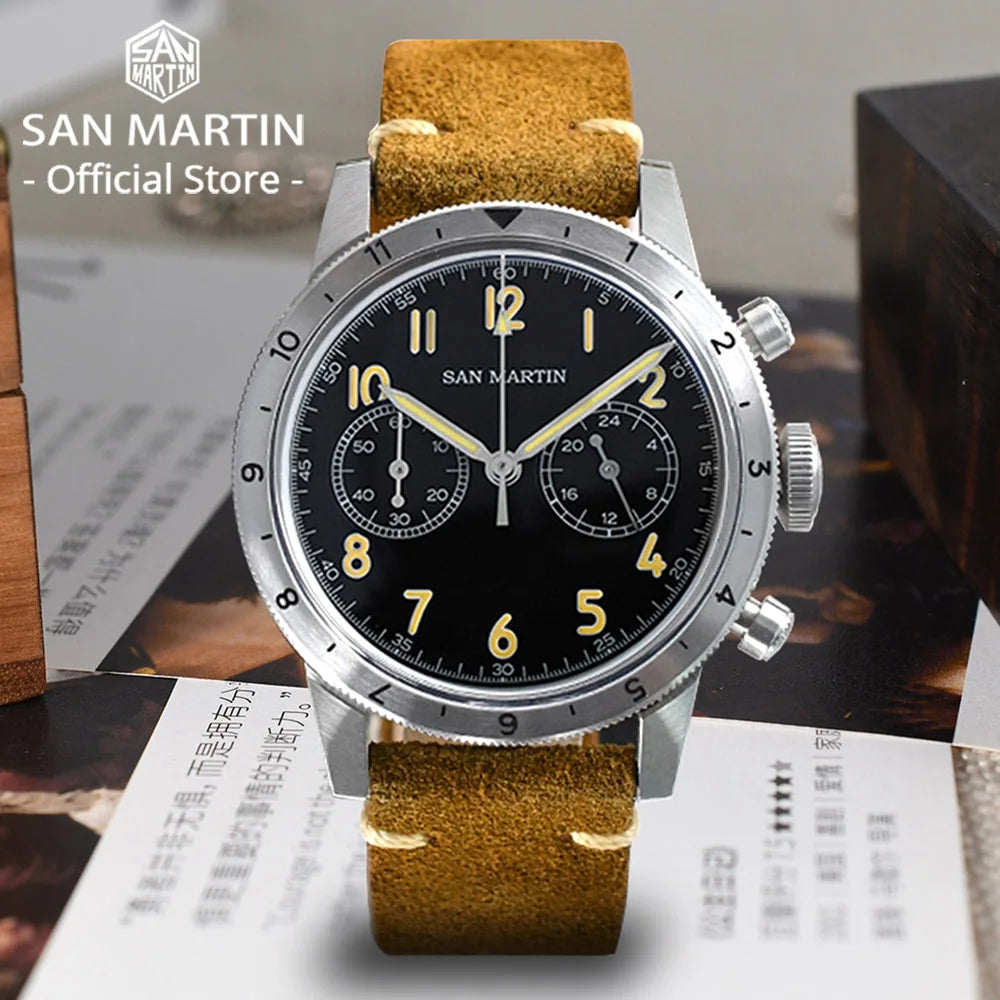 San Martin SN0127 Vintage Pilot Chronograph – VK64, Leather Strap