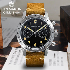San Martin SN0127 Vintage Pilot Chronograph – VK64, Leather Strap