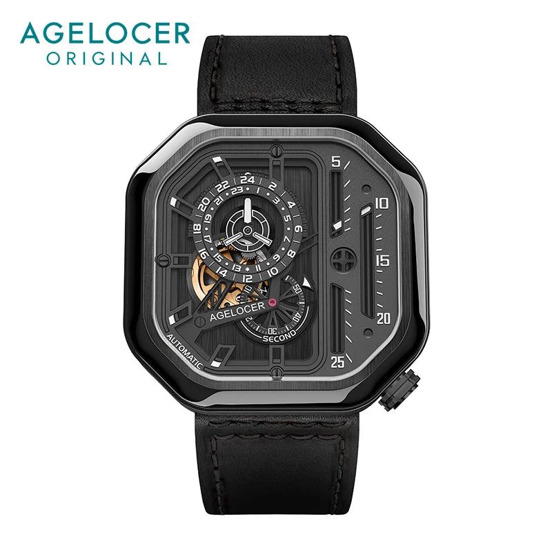 AGELOCER Men’s Automatic Skeleton Watch – Luxury Square Stainless Steel