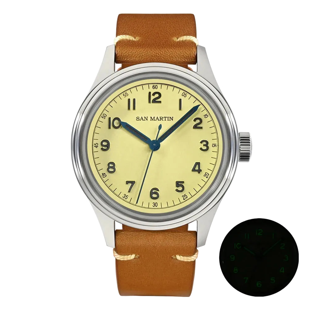 San Martin SN0108 38.5mm Vintage Pilot Watch – Automatic Military Style Men’s Watch with Sapphire Crystal & Leather Strap