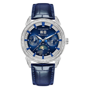 Hanboro 41.5mm Mechanical Watch: Automatic Multi-Dial with Day, Month, Date & Crystal Bezel