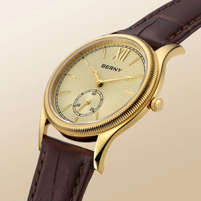 BERNY Luxury Men’s Dress Watch Slim Gold Quartz Classic Leather Strap Business Wristwatch