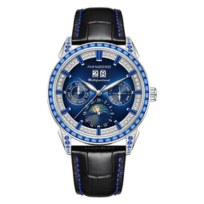 Hanboro 41.5mm Mechanical Watch: Automatic Multi-Dial with Day, Month, Date & Crystal Bezel