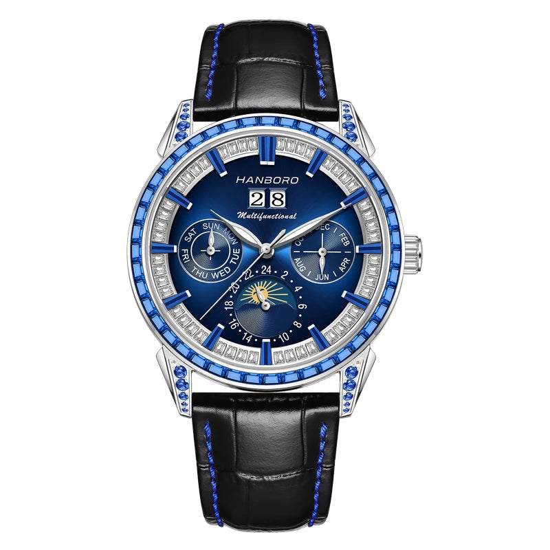 Hanboro 41.5mm Mechanical Watch: Automatic Multi-Dial with Day, Month, Date & Crystal Bezel