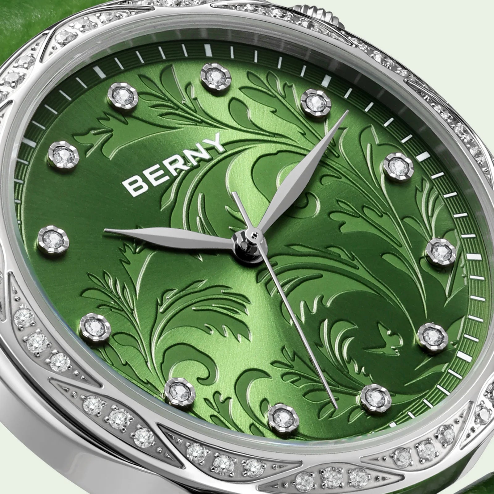 BERNY Women's Quartz Watch – Engraved Dial Diamond Gold Case Leather Strap