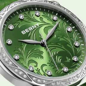 BERNY Women's Quartz Watch – Engraved Dial Diamond Gold Case Leather Strap