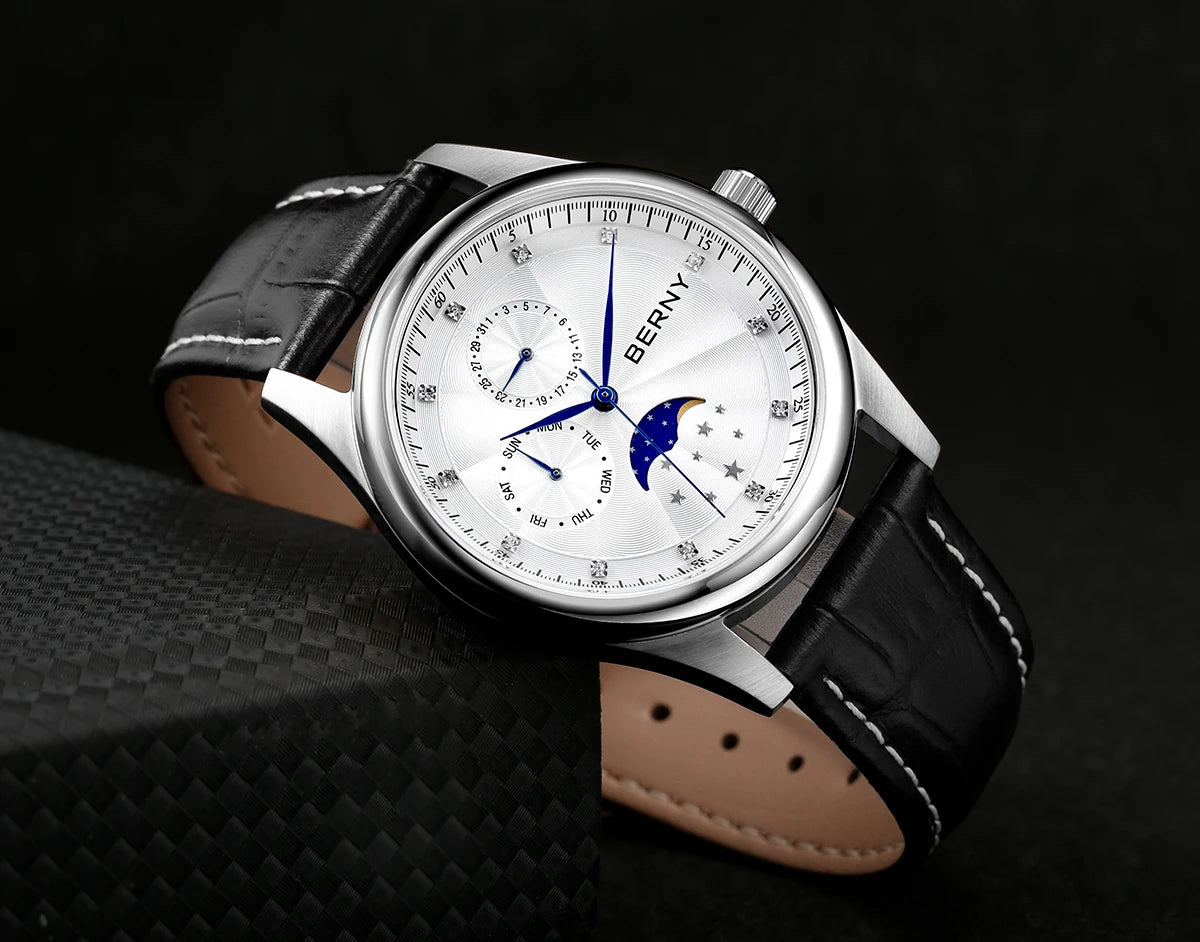 BERNY Men's Moon Phase Quartz Watch – Stainless Steel & Leather Dress Watch with Date & Week Display