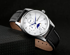 BERNY Men's Moon Phase Quartz Watch – Stainless Steel & Leather Dress Watch with Date & Week Display