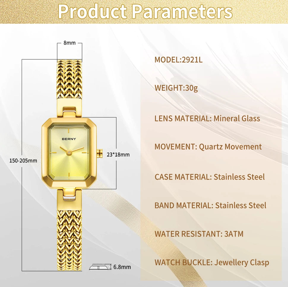 BERNY Women’s Square Watch – Minimalist Quartz, Stainless Steel