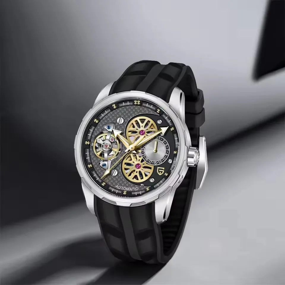 PAGANI DESIGN Men’s Automatic Skeleton Watch – Sapphire Crystal, 100m Water Resistant, Tourbillon Style