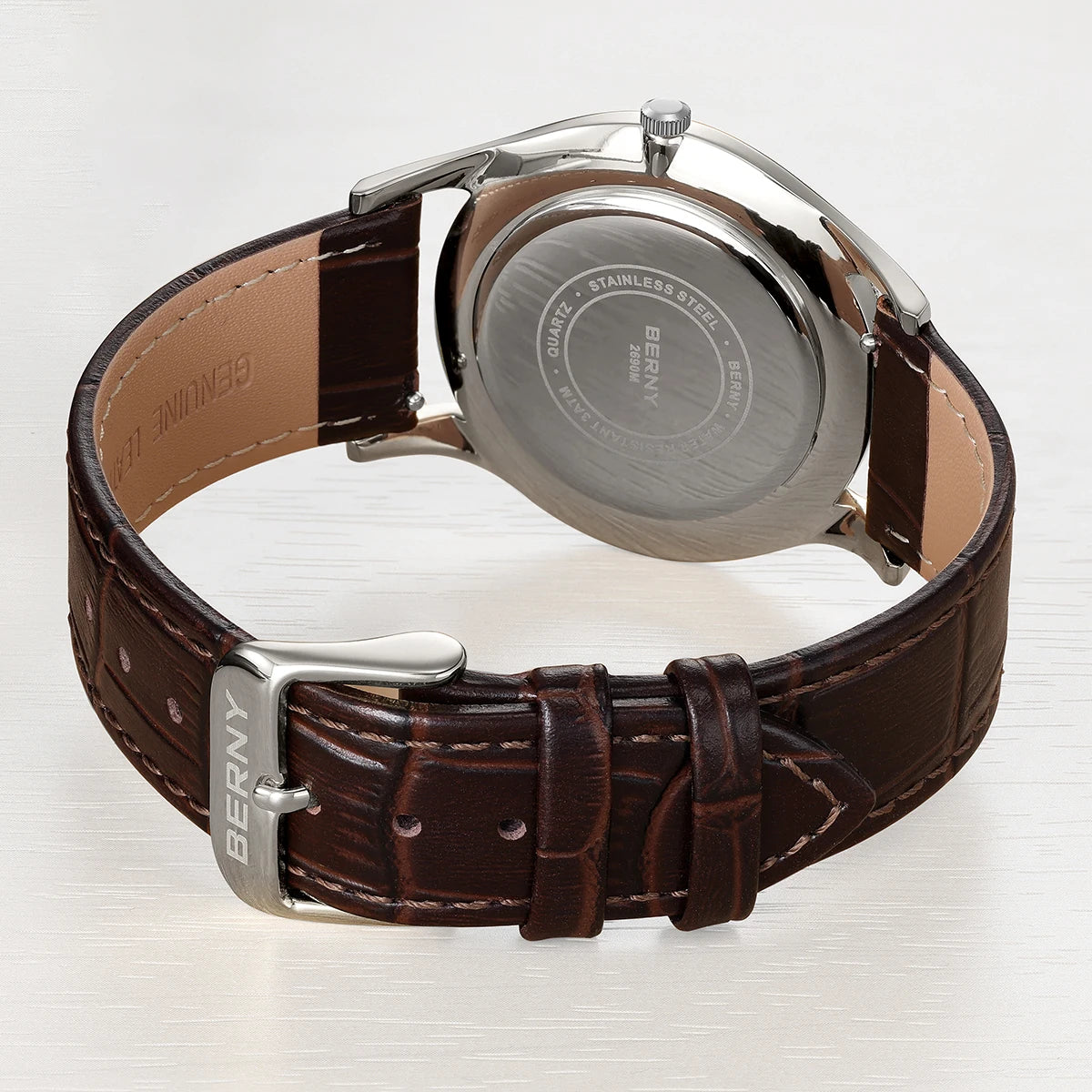 BERNY Men's Quartz Dress Watch 38mm – Slim Elegant Leather Strap Easy Read