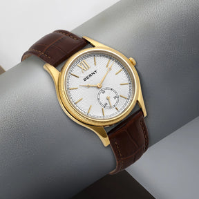 BERNY Luxury Men’s Dress Watch Slim Gold Quartz Classic Leather Strap Business Wristwatch