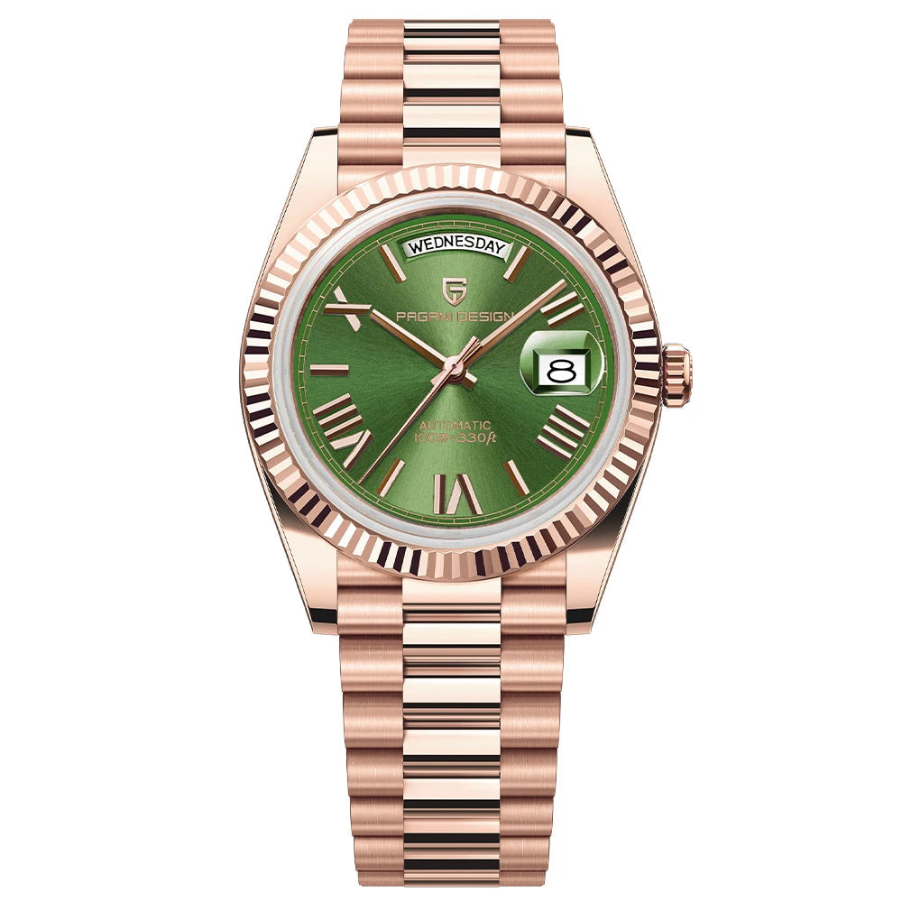 Rose gold watch with green dial and detailed mechanism on a white background