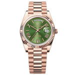 Rose gold watch with green dial and detailed mechanism on a white background