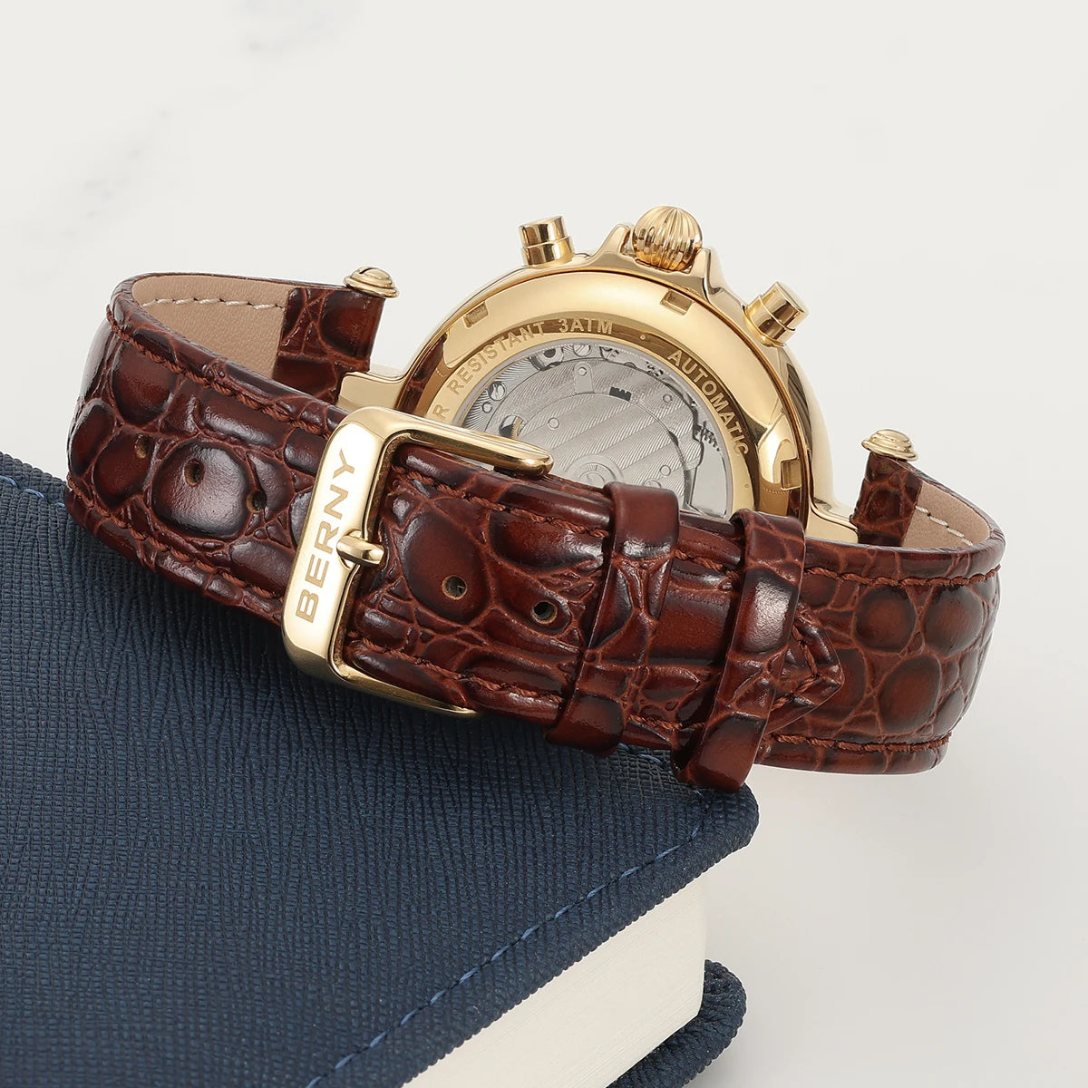 BERNY Men’s Automatic Dress Watch – Sun & Moon Phase, Leather Strap