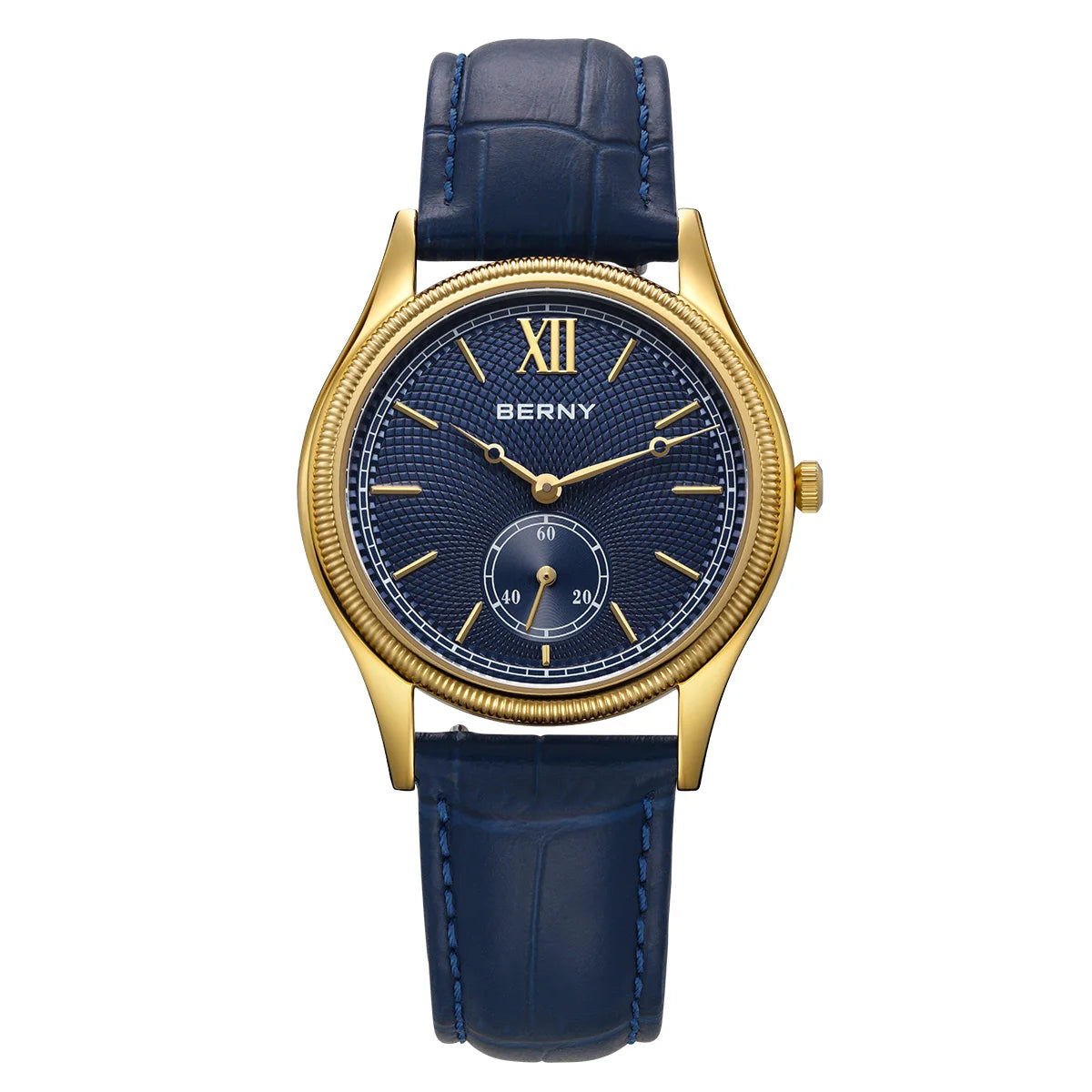 BERNY Luxury Men’s Dress Watch Slim Gold Quartz Classic Leather Strap Business Wristwatch