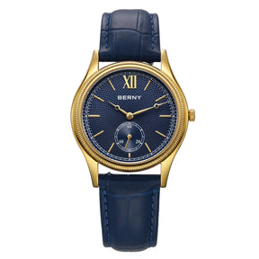 BERNY Luxury Men’s Dress Watch Slim Gold Quartz Classic Leather Strap Business Wristwatch