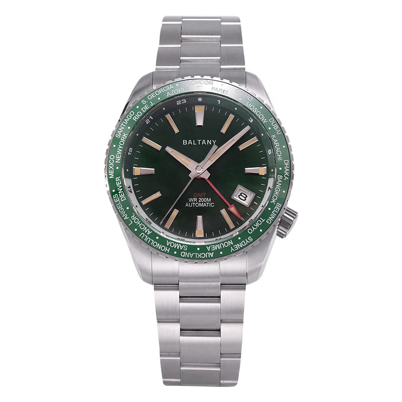 Baltany Men’s GMT Automatic Watch 40mm – NH34, Sapphire Crystal, 200m Dive, Luminous, World Time Bezel
