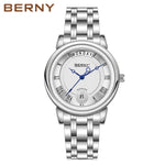 BERNY Women’s Quartz Watch – Roman Numerals, Day & Date, Sapphire Glass, Stainless Steel Strap