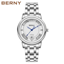 BERNY Women’s Quartz Watch – Roman Numerals, Day & Date, Sapphire Glass, Stainless Steel Strap