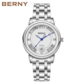 BERNY Women’s Quartz Watch – Roman Numerals, Day & Date, Sapphire Glass, Stainless Steel Strap