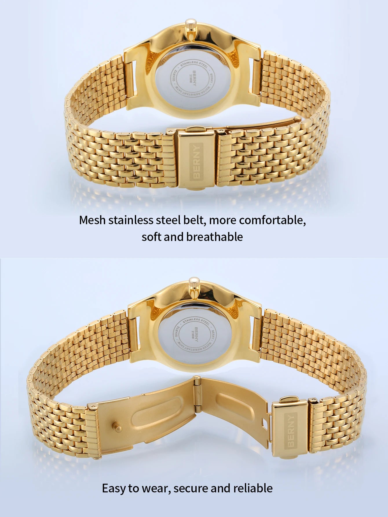 BERNY Quartz Mens Gold Stainless Steel Wristwatch