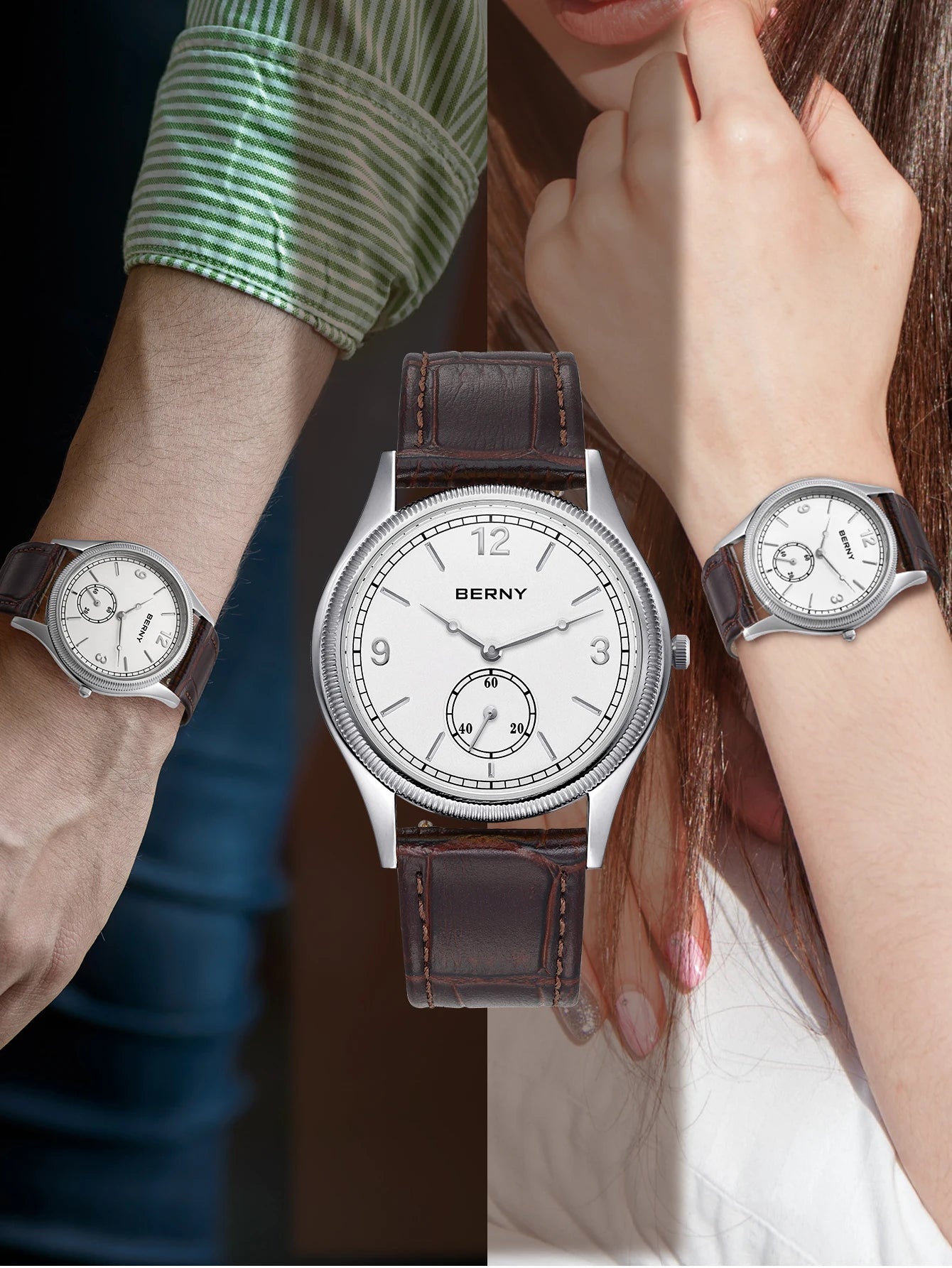 BERNY Men's Quartz Dress Watch 38mm – Slim Elegant Leather Strap Easy Read