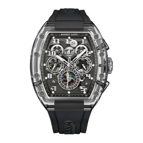 BONEST GATTI Men’s Automatic Tonneau Watch – Mechanical, Crystal Case, Rubber Strap, Multi Dial, Month/Date Display