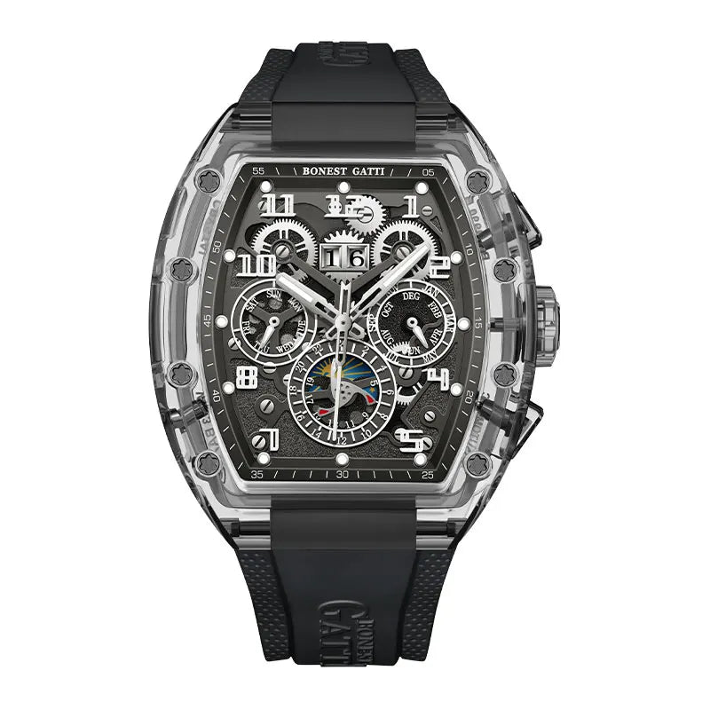 BONEST GATTI Men’s Automatic Tonneau Watch – Mechanical, Crystal Case, Rubber Strap, Multi Dial, Month/Date Display