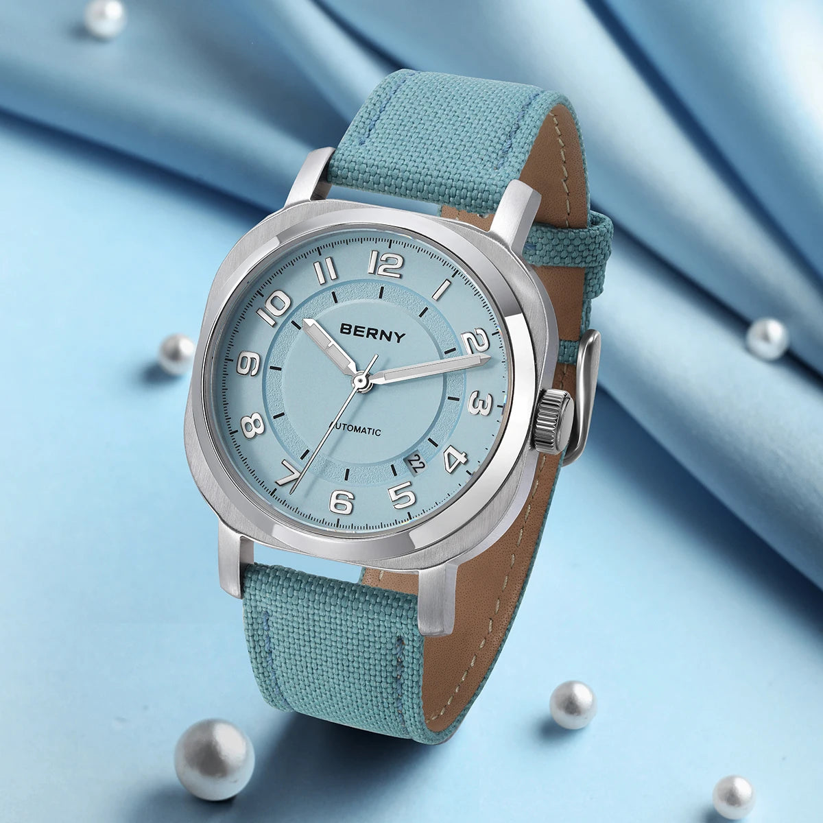 BERNY Women's Automatic Cushion Watch – Sapphire Luminous Canvas Strap Calendar