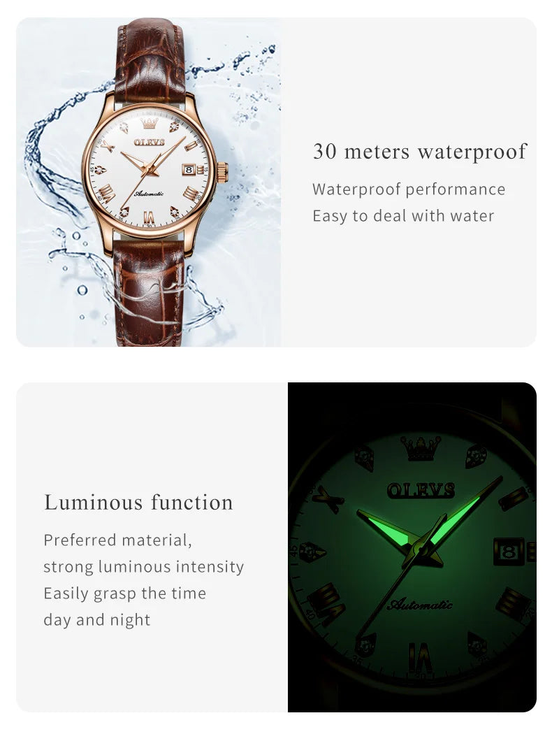 OLEVS Women’s Automatic Watch – Luxury Waterproof Luminous Chronograph Date Wristwatch 9932