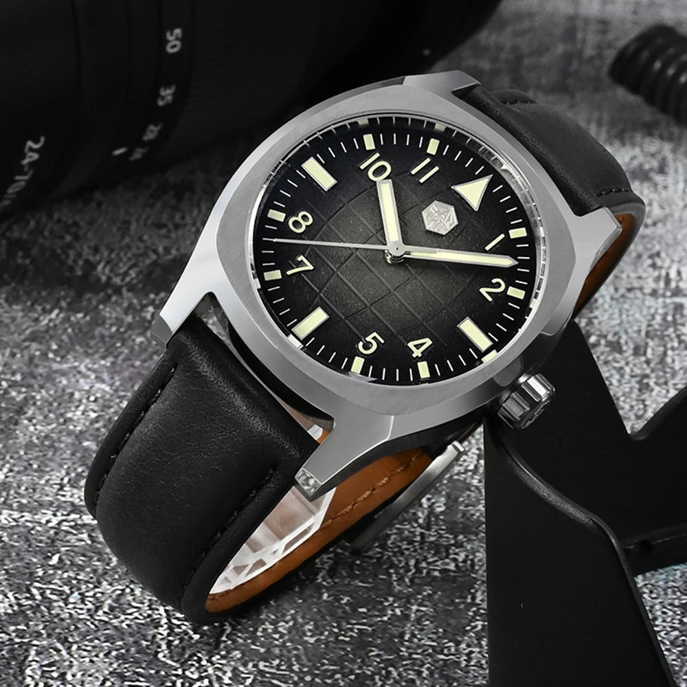 San Martin SN0026 38mm Automatic Men’s Sport Watch – Luxury Mechanical Wristwatch with Grid Texture Dial & 10Bar Water Resistance