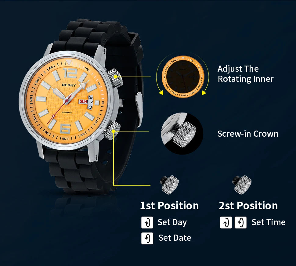 BERNY Men's Automatic Diver Watch – 20ATM Waterproof, Miyota 8205, Sapphire