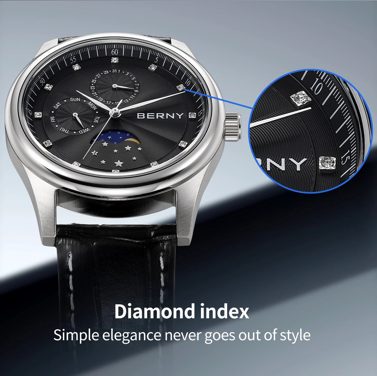 BERNY Men's Moon Phase Quartz Watch – Stainless Steel & Leather Dress Watch with Date & Week Display