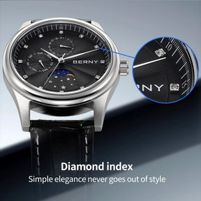 BERNY Men's Moon Phase Quartz Watch – Stainless Steel & Leather Dress Watch with Date & Week Display