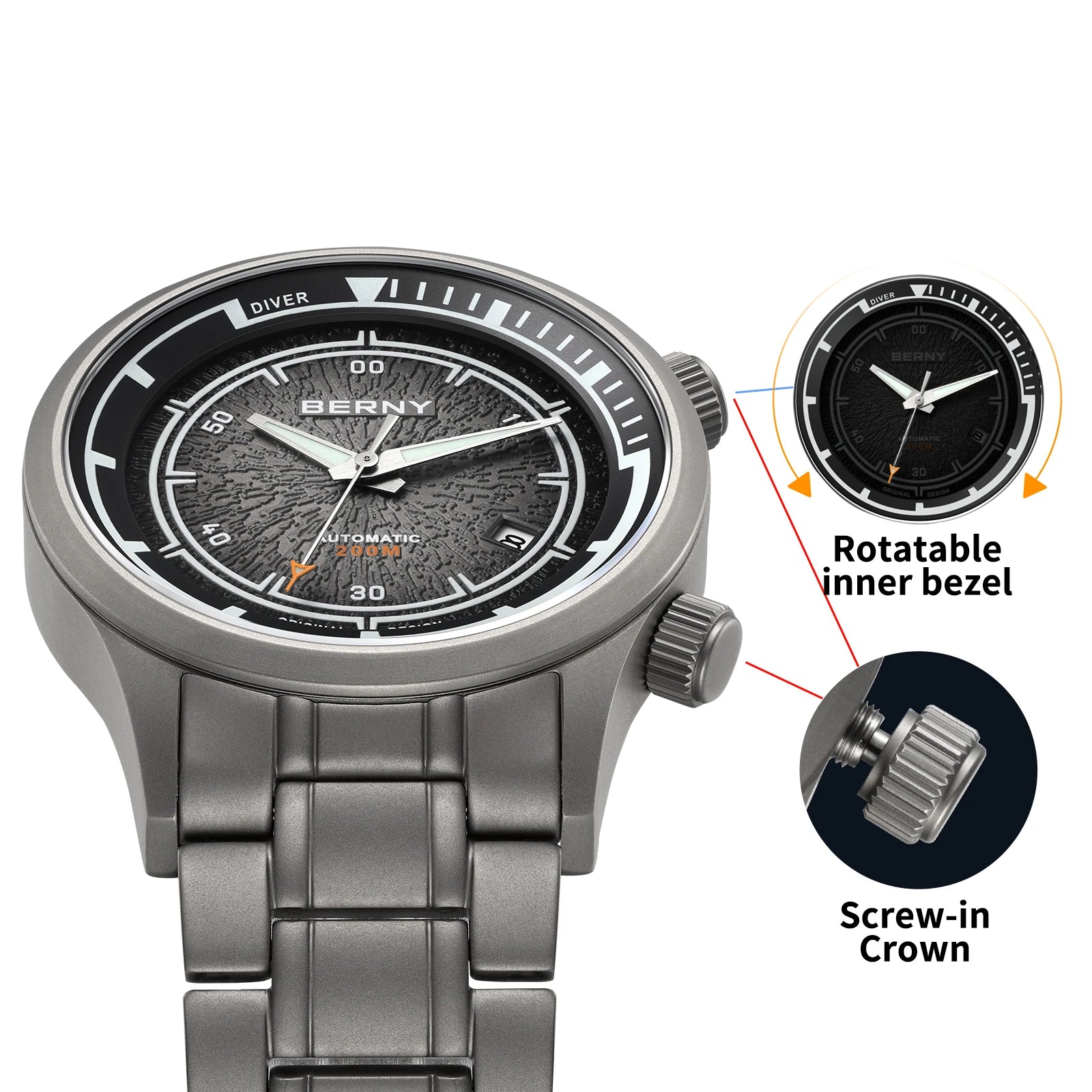 BERNY Men's Automatic Titanium Diver Watch – 20ATM Waterproof Sapphire Luminous