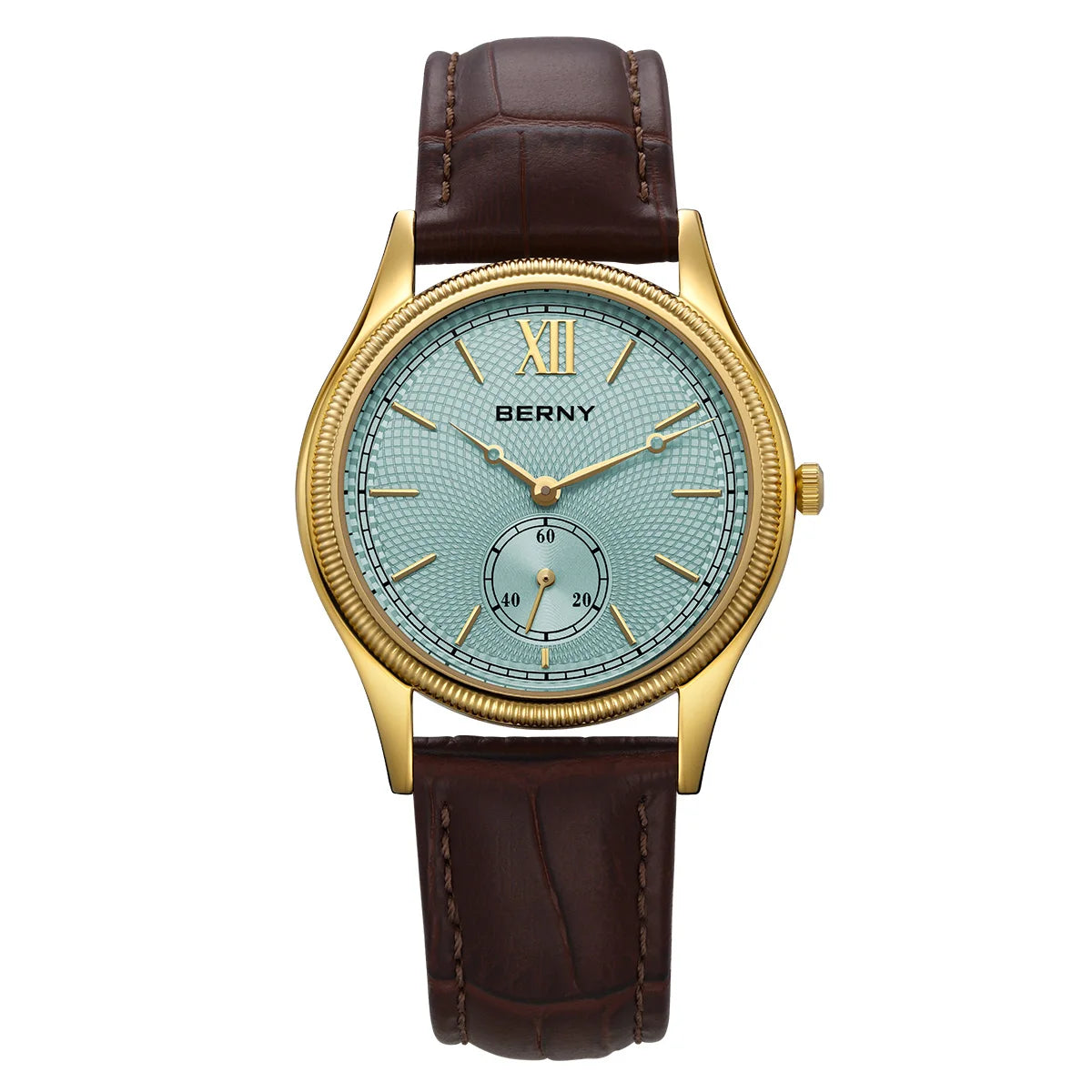 BERNY Luxury Men’s Dress Watch Slim Gold Quartz Classic Leather Strap Business Wristwatch