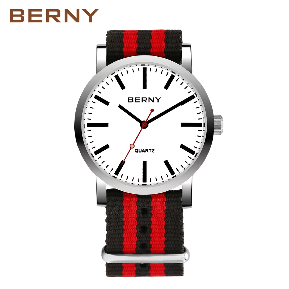 BERNY Men's Quartz Watch – Leather Strap Track Style Waterproof