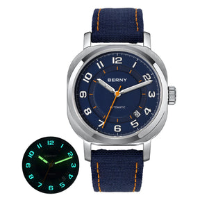 BERNY Women's Automatic Cushion Watch – Sapphire Luminous Canvas Strap Calendar