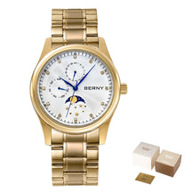 BERNY Men's Moon Phase Quartz Watch – Stainless Steel & Leather Dress Watch with Date & Week Display