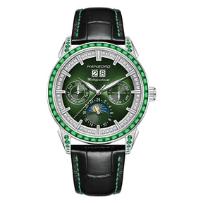 Hanboro 41.5mm Mechanical Watch: Automatic Multi-Dial with Day, Month, Date & Crystal Bezel