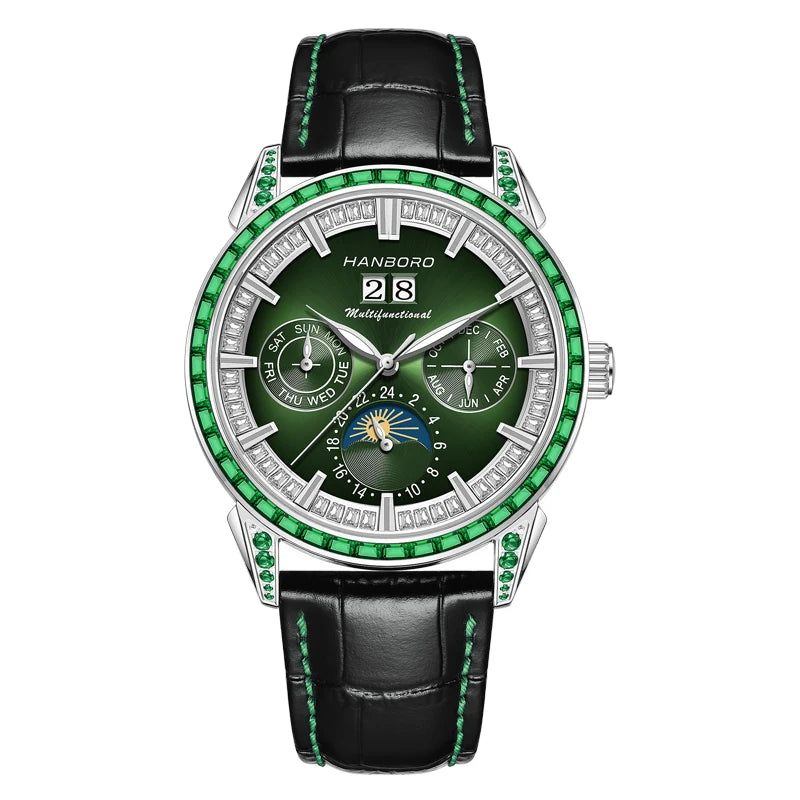 Hanboro 41.5mm Mechanical Watch: Automatic Multi-Dial with Day, Month, Date & Crystal Bezel
